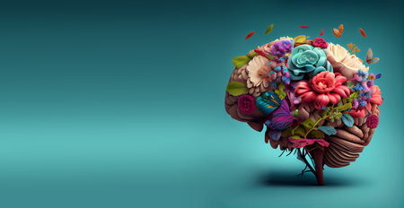 Human brain tree with flowers, self care and mental health concept, positive thinking, creative mind, generative AIの素材