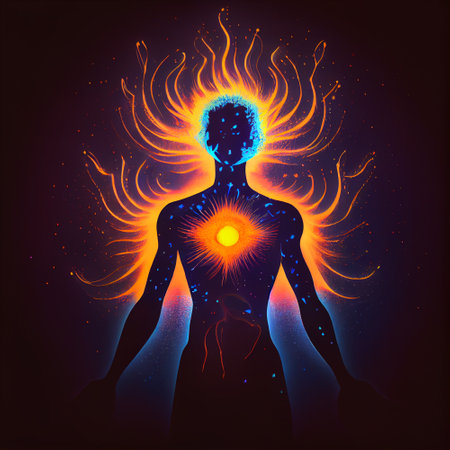 Astral body with vibrant colored aura light, spirituality and faith, belief in afterlife of the soul, generative AIの素材