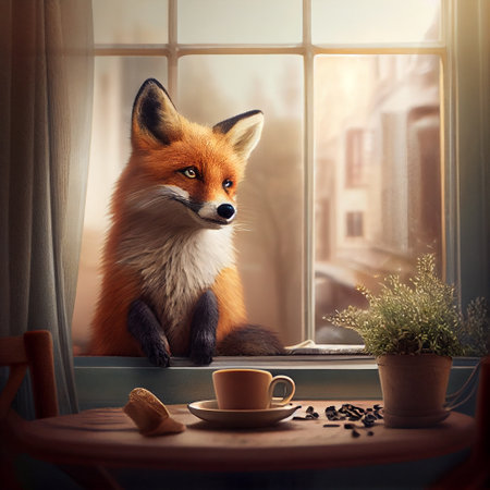 Fox sitting next to the window and is drinking a cup of coffee, generative AIの素材