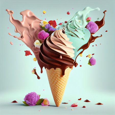 Ice cream mix in a waffle cone with splashes and flowers, sweet food in the summer, pastel and chocolate color, generative AIの素材