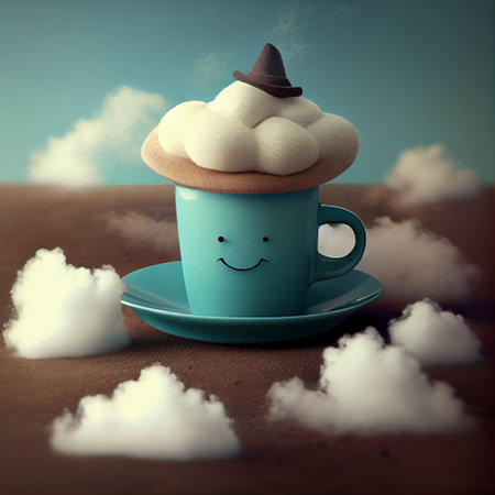 Cup of coffee with a happy smiling face and steam clouds, wake up in the morning, hot drink with caffeine, positive attitudeの素材