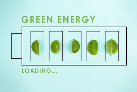 Green energy loading bar with leaves, sustainable renewable electricity power, csr concept,...