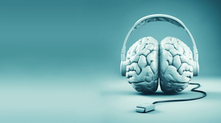 Human brain with headphone and USB port, connected to the internet, education and social media concept, intelligent mind, generative AIの素材