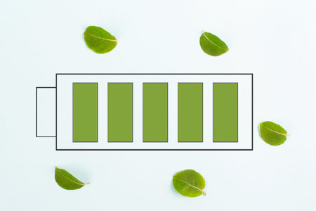 Green energy battery with leaves, sustainable renewable electricity power, csr concept, environment...