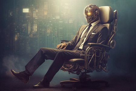 AI technology in competition with human resources, businessman manpower against cyborg machine, replacement of workers, generative AIの素材