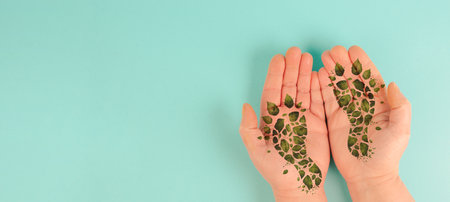 Green co2 footprint made from leaves, carbon emission, climate change and global warming concept, eco friendly lifestyle, generative AI used for footprintの素材