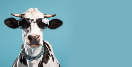 Cow wearing sunglasses in front of a blue background, surreal animal portrait, generative AIの素材