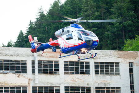 Air rescue helicopter from Luxembourg, emergency transport in Gusterath, Rhineland-Palatinate, Germanyのeditorial素材
