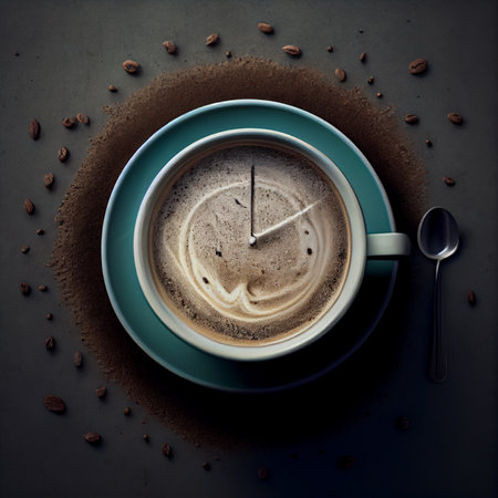 Cup of coffee with a clock, wake up in the morning, hot drink with caffeine, take a break, generative AIの素材
