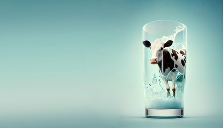 Cow stands in a glass of milk, milky splash, animal welfare in industry, dairy product, generative AIの素材