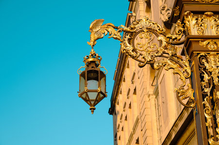 Lantern from place Stanislas in Nancy, France, golden streetlight in department Lorraineの写真素材