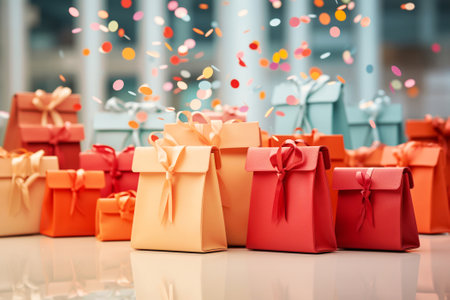 Gift boxes with ribbon, bow, colorful confetti, shopping suprise for holiday, wrapped package for birthdayの素材