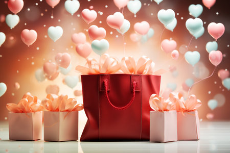 Gift boxes with ribbon and bow, colorful hearts, shopping bag, wrapped package for birthday or valentine, suprise for holidayの素材