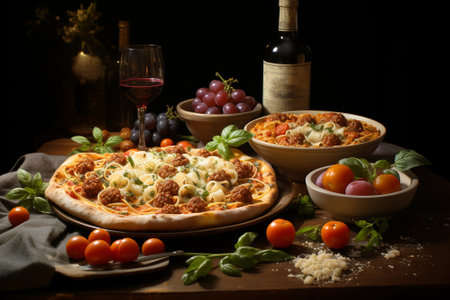 Italian pizza with tomato sauce, cheese, olives and fresh herbs, Mediterranean food with ingredients and vine on a tableの素材
