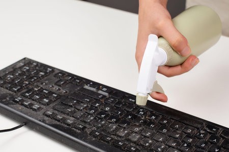 Cleaning computer keyboard in office, spraying water with a spray bottle dusty and dirty electronics, houseworkの写真素材
