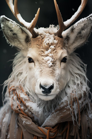 Surreal hybrid creature Elaphocentaurs half woman half deer in mythology standing in the forest, winter season with snow, Christmasの素材