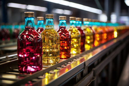 Juice bottles with fruit on a conveyor belt, beverage factory operates a production line, processing and bottling drinkの素材