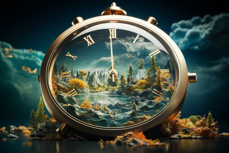 World earth hour, alarm clock stands in a damaged environment, turn off lights, save energy, protect nature and planet earthの素材