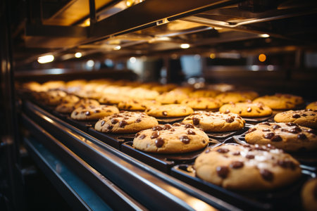 Cookies on a conveyor belt, food factory operates a production line, processing sweets, bakeryの素材