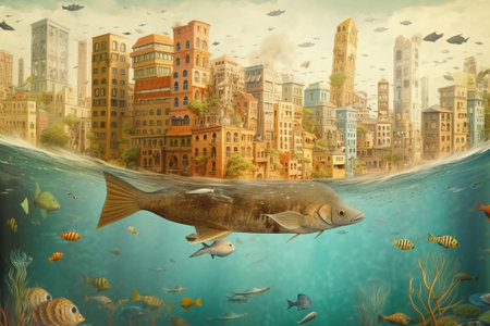 Surreal image of a city and the ocean, fish swimming in the water, animals and human settlement, mixing of habitats, environmental issueの素材