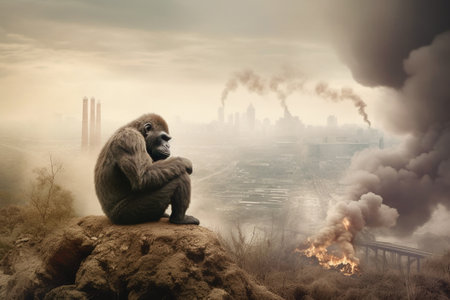 Gorilla and industrial factory, disaster for wildlife animals, damage to the environment and ecosystem, climate change, earth dayの素材