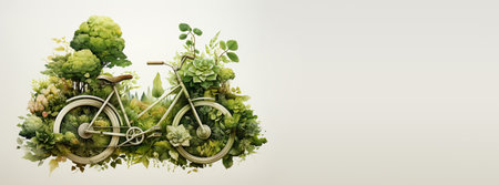 Bicycle covered with plants and trees, eco and environment concept, sustainable transport and travel, protect nature, bike and earth dayの素材