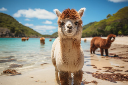 Alpaca or llama on a tropical beach, travel and wanderlust concept, blue sea, exotic vacation destinationの素材