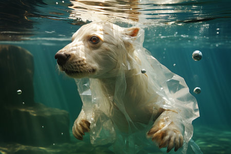 Polar bear caught in a plastic bag, environment pollution, filthy ocean by trash, danger to animal in arcticの素材