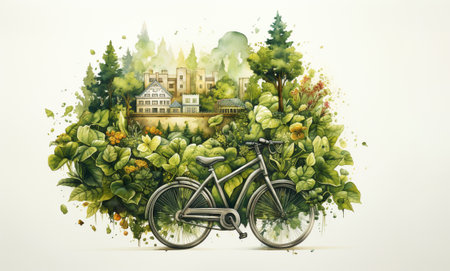 Bicycle covered with plants and trees, eco and environment concept, sustainable transport and travel, protect nature, bike and earth dayの素材