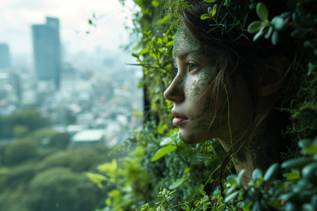 Portrait of a woman, growing from plant and tree, view over modern city, connect to nature, protect environment, consciousness and spiritの素材