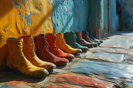 Collection of colorful shoes standing in a row, variety of colors, boots and footwearの素材