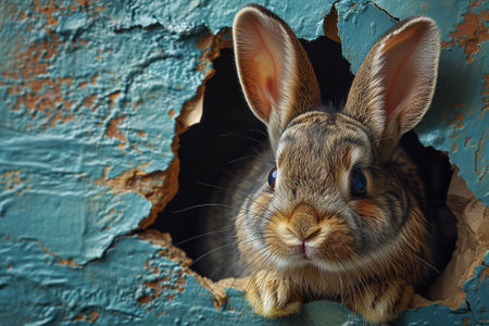 Curious easter bunny or rabbit peeking through a hole in a wall, holiday in spring, greeting cardの素材