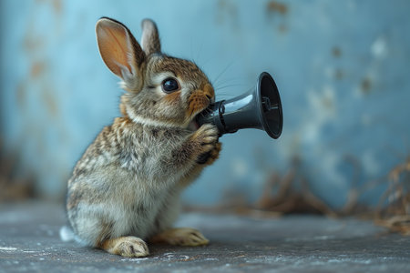 Easter bunny or rabbit with loudspeaker megaphone, advertising and marketing concept, social media, announce sale for holidayの素材