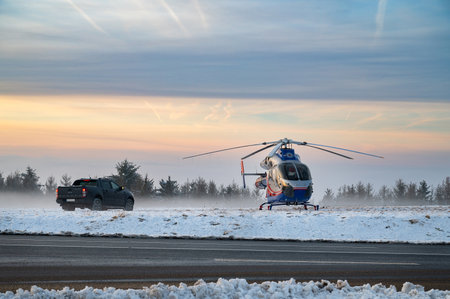 Air rescue helicopter from Luxembourg, emergency transport in Trier, mission in snow, winter Rhineland-Palatinate, Germany, 01/20/2024のeditorial素材