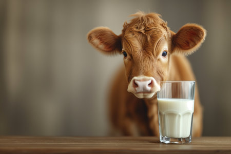 Cow with a glass of milk, animal welfare in industry, dairy product, agriculture and productionの素材