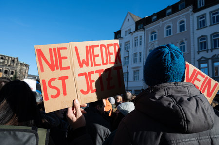 Protest against right wing AFD in Trier, Germany, January 28th, 2024, demonstration for human rights, no discrimination and racism, diversity, humanitarian, multiethnic crowdのeditorial素材
