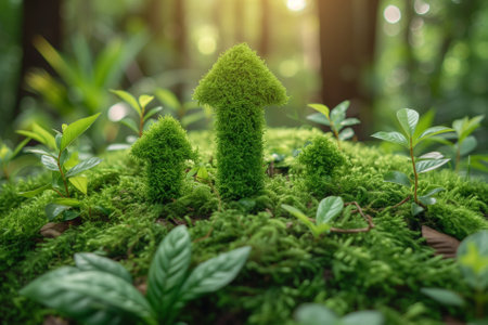Arrow pointing upwards, eco friendly progress, sustainable development, environmental growth, forest with green lush and grass, reduce carbon emissionの素材