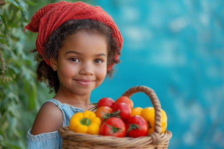 African girl is holding a basket with fresh ripe tomatoes and peppers, healthy food, harvest in summer, work on a farm or in a gardenの素材