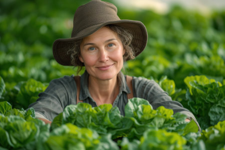 Farmer with lettuce, organic food store or gardening, healthy vegan lifestyle, harvesting vegetables, small local businessの素材