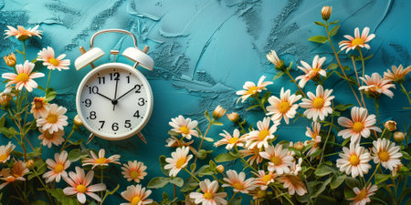 Alarm clock with cherry blossoms, switch to daylight saving time in spring, summer time changeoverの素材