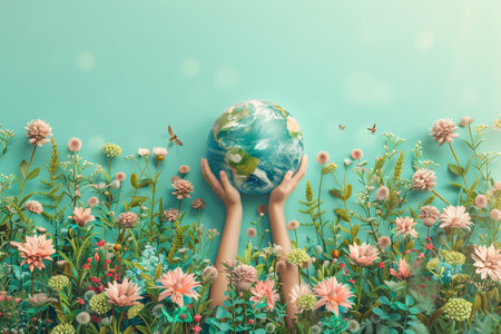 Hand holding planet earth surrounded by flowers, green deal, protect nature, sustainable lifestyle, ecology and environmentの素材