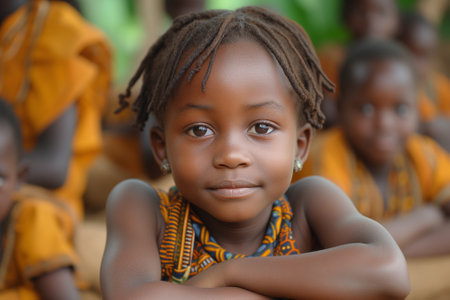 Black African girl at elementary school, classroom with children in Africa, education concept, learning new skill, book on the deskの素材