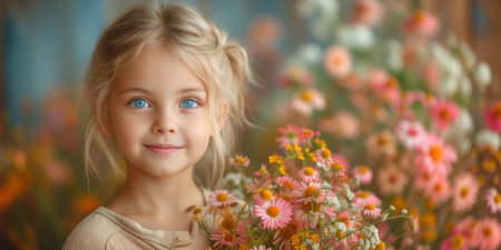 Girl with bunch of spring flowers, mothers day, birthday and friendship concept, daughter with gift, love and emotionの素材
