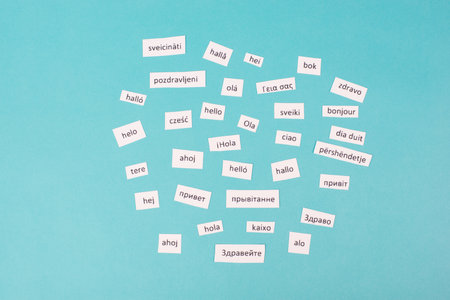 European languages, word hello in different languages spoken in Europe, concept of multilingual business and community, multilingualism in the EUの写真素材