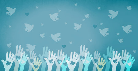 Dove and heart flying from hand, international peace day, faith, freedom, charity and help concept, humanitarian aidの写真素材