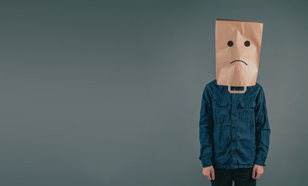 Sad face, depression, frustration and negativity, mental health concept, hopeless and stressed mind, melancholy and griefの写真素材