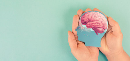 Human brain with vibrant colored waves and music notes, self care and mental health concept, positive thinking, creative mindの写真素材