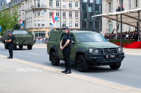 National Day Luxembourg, celebration of the Grand Duke's birthday, military parade with Luxembourg army, police, fire department, rescue service and armed forces, Luxembourg city, 23.06.2024のeditorial素材