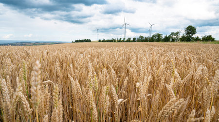 Field with cultivated wheat in Germany, harvest in the summer, agriculture for food, farmland on the...