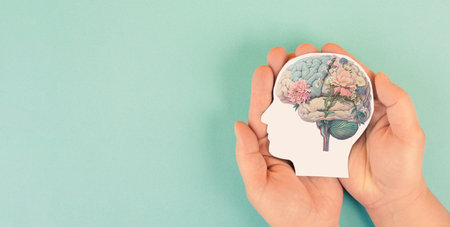 Human brain, mental health concept, positive attitude and inspiration, creative thinking mind, flowers, pastel colorの写真素材
